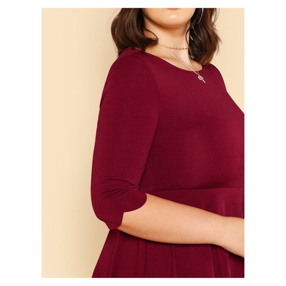 Burgundy Red 3/4 Sleeve Fit & Flare Scallop Dress - Picture 4 of 5